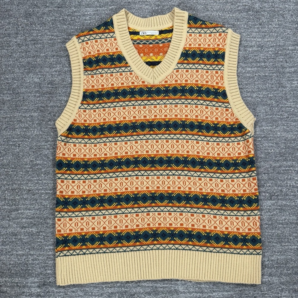 Zara Sweater Vest Men Large Nordic Fair Isle Knit Geometric Nerd Wool Blend